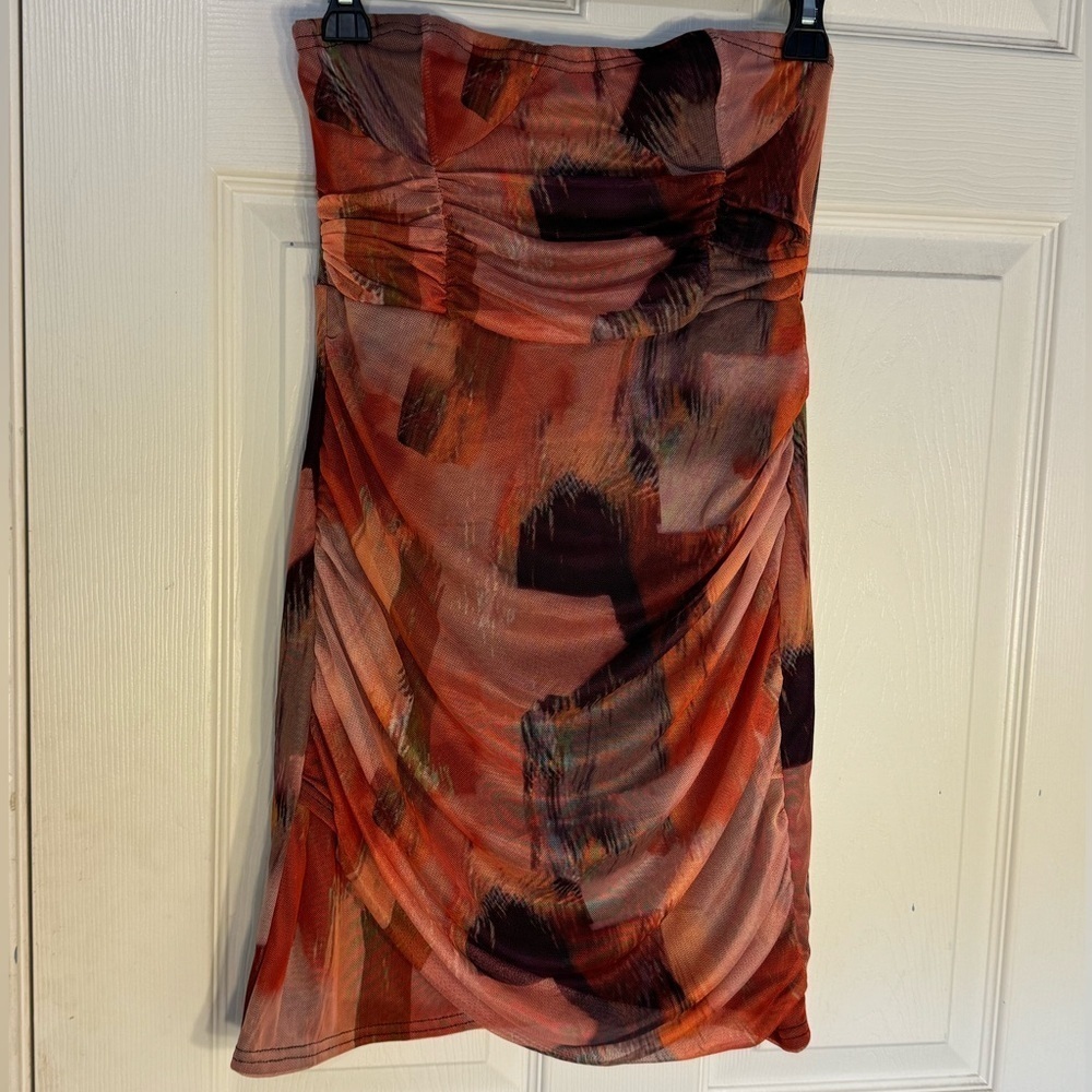 PrettyLittleThing NWT Abstract Mesh Ruched Strapless Midi Dress Orange US 4